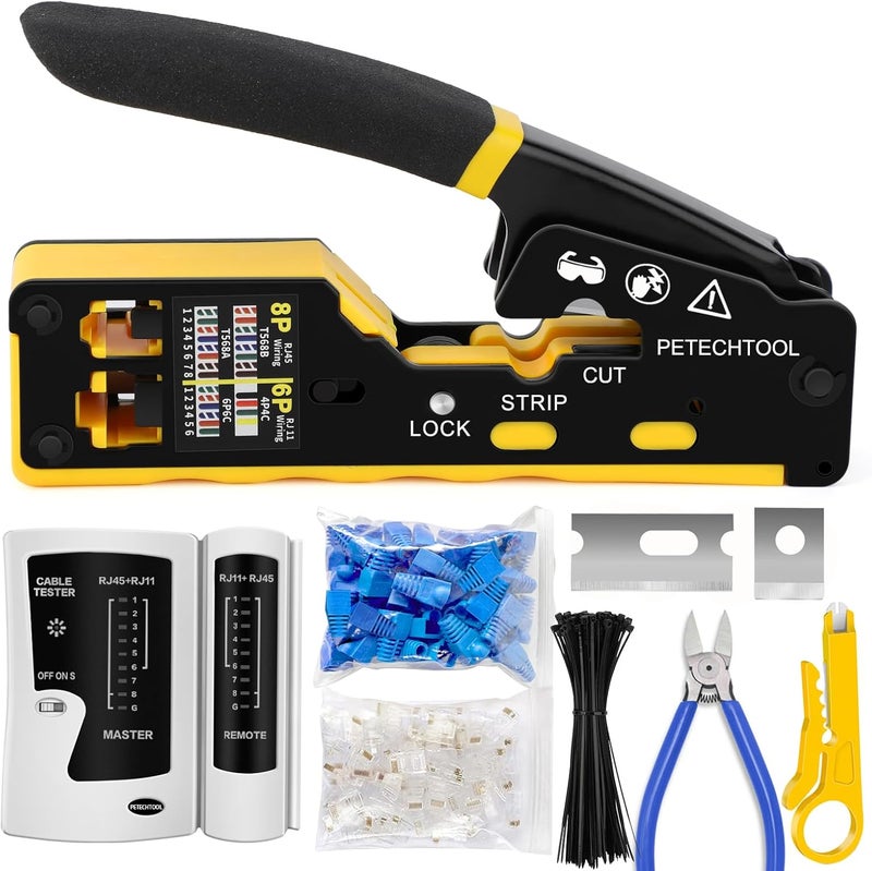 PETECHTOOL RJ45 Crimp Tool Pass Through Ethernet Crimping Tool Kit Cat6 Cat5e Cat6a RJ45 Crimper with Cable Tester, Cat6 Connectors with RJ45 Boot Covers, Mini Stripper, Blades and Cable Ties - Image 1